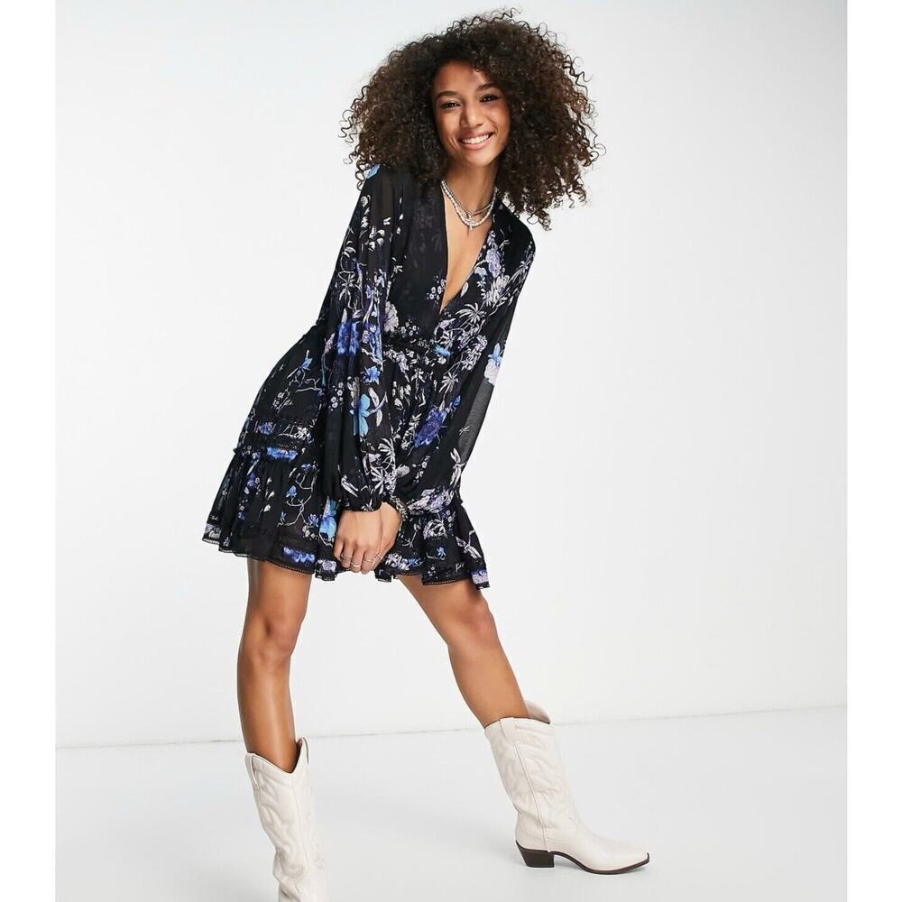 Free People Women's Black Cherry Blossom Lace Ruffle V-Neck Mini Dress Size XS‎